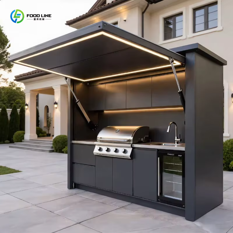 Îlot de cuisine extérieur modulaire écologique personnalisé en acier inoxydable avec barbecue, panier de rangement étanche