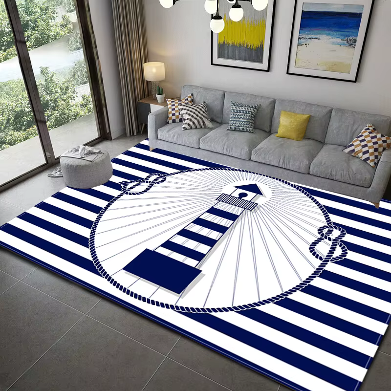 Injecteur de zone de phare d'océan à rayures bleues foncées, tapis de bateau, polymère de sol, tapis doux, salon, HOKitchen