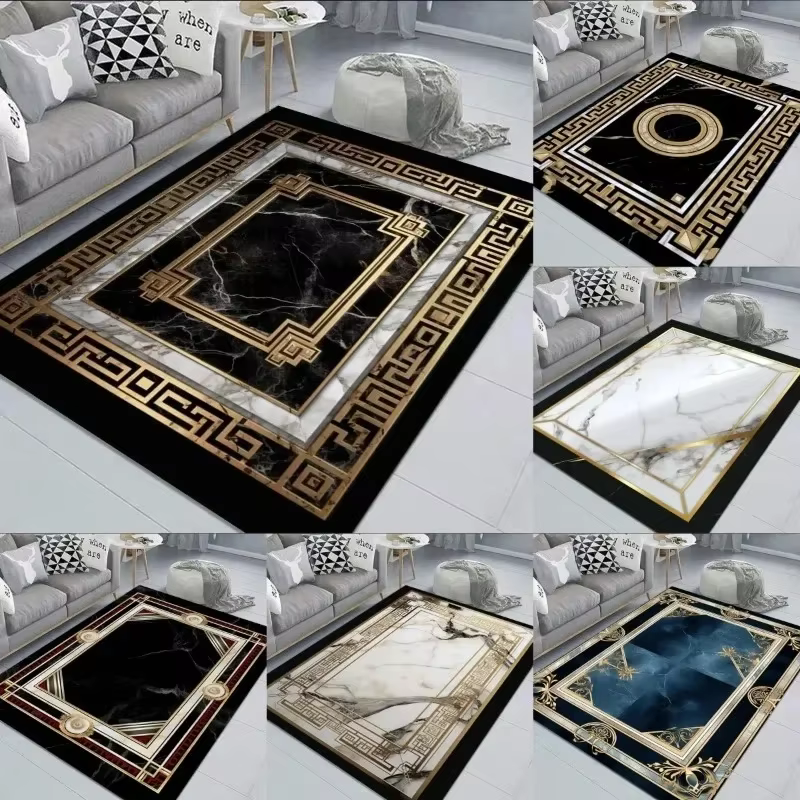 Tapis décoratif élégant en marbre noir et or