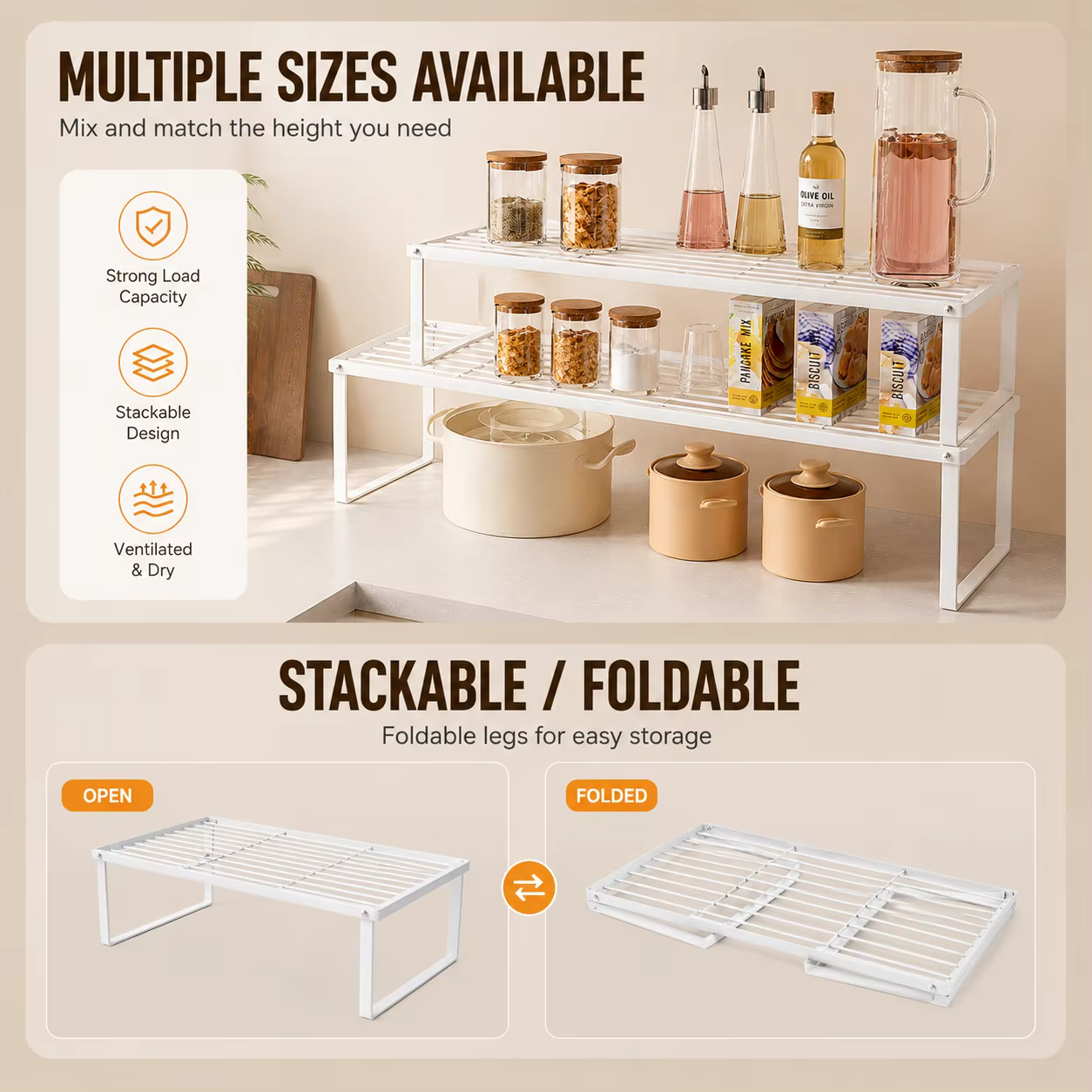 Étagère de rangement empilable en acier au carbone pour comptoir de cuisine, organisateur de placard pour bols, assiettes, casseroles, pots à épices, et pour salle de bain ou bureau