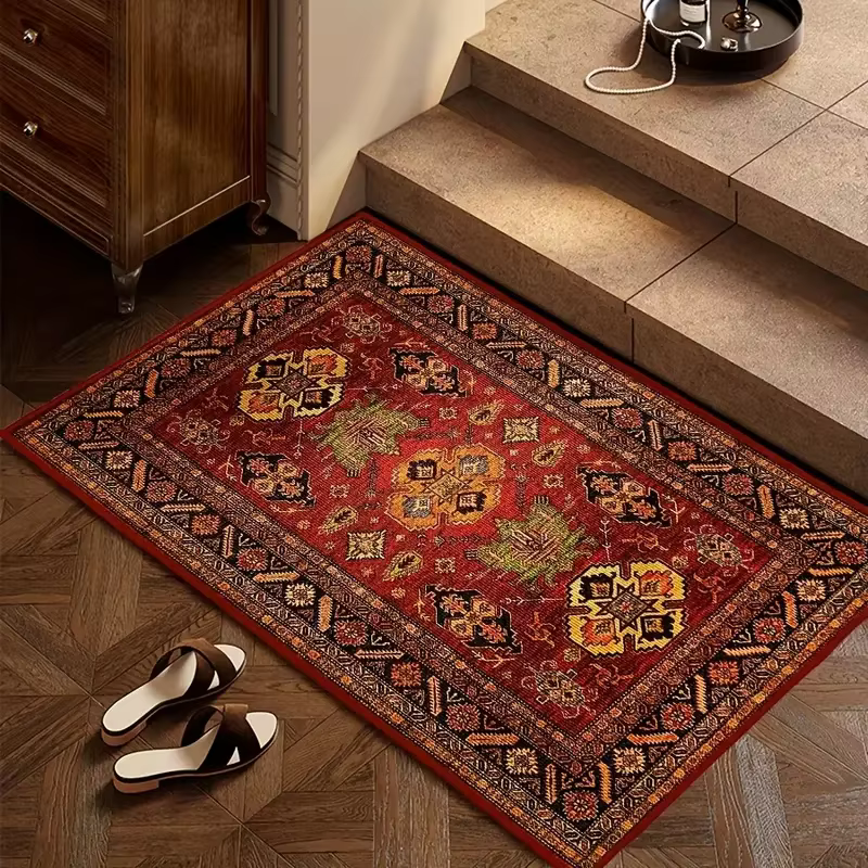 VIKAMA Tapis de sol rouge de style ethnique vintage – Tapis de porte d'entrée durable et antidérapant pour tapis de sol de cuisine et décoration de la maison
