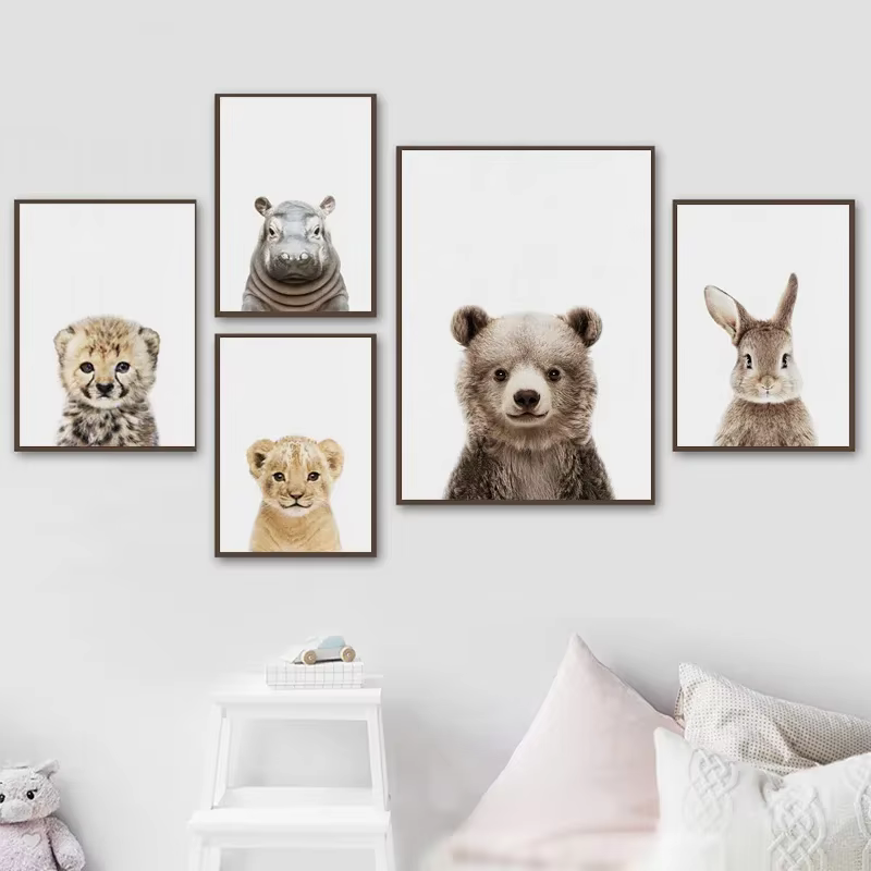 Toile murale avec animaux pour chambre de bébé, peinture d'éléphant, girafe, ours, imprimés d'art mural, affiche d'art nordique pour chambre d'enfant, décor de pépinière