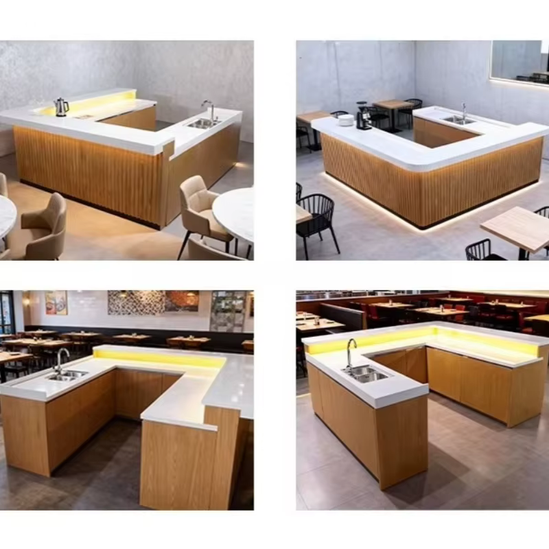 Comptoir de bar personnalisé en bois et marbre en forme de U pour restaurant de luxe moderne, bistro, hôtel, boîte de nuit, pub, cocktail bar