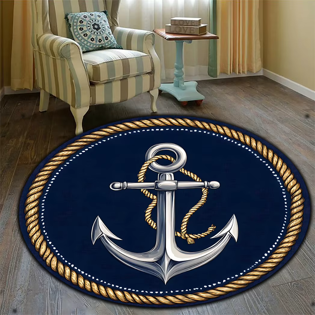 Tapis rond à motif d'ancre et de corde bleu marine