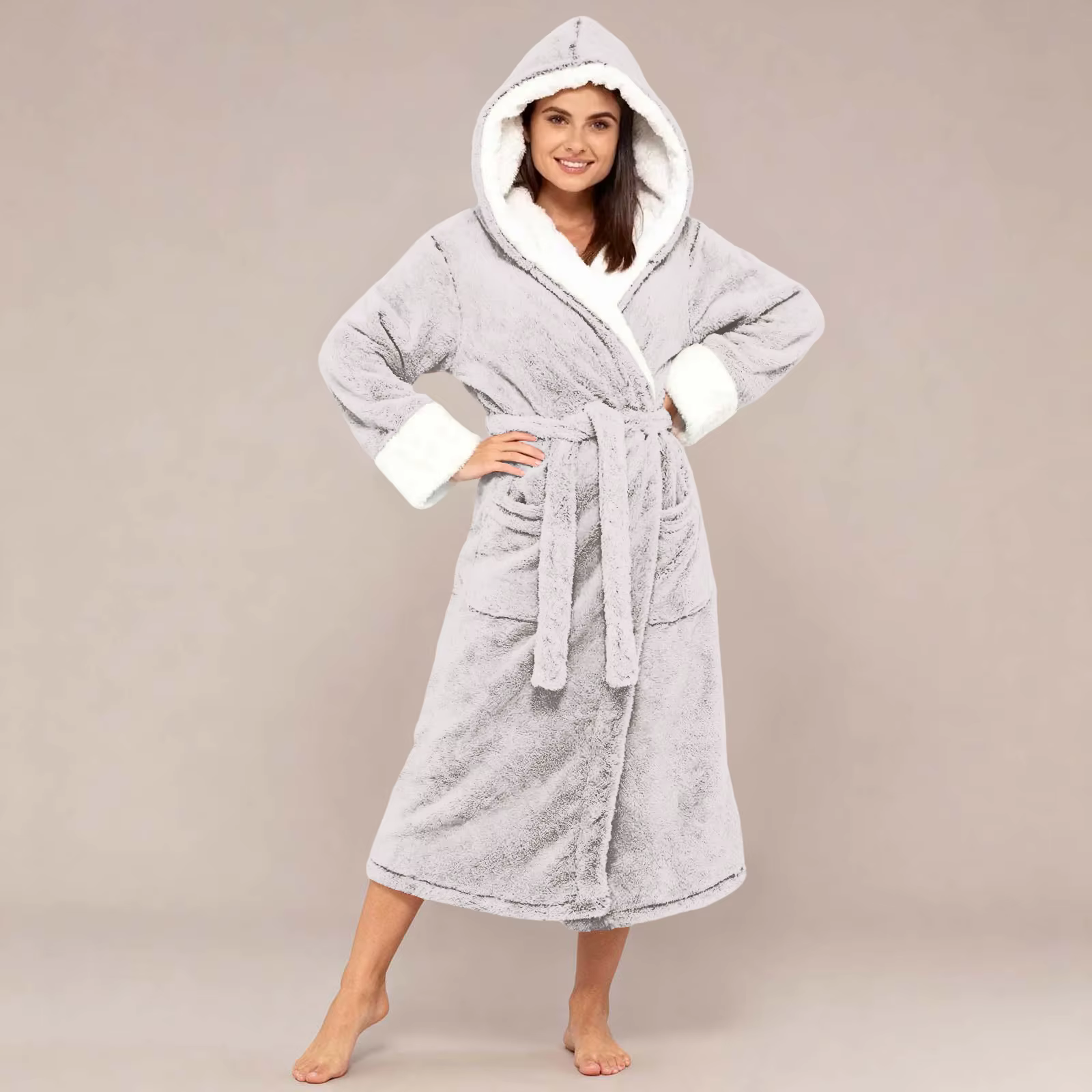 Peignoir à capuche pour femmes, taille réglable, chemise de nuit mi-longue, vêtements de maison pour dames, polaire épaisse, chaud à lacets, hiver