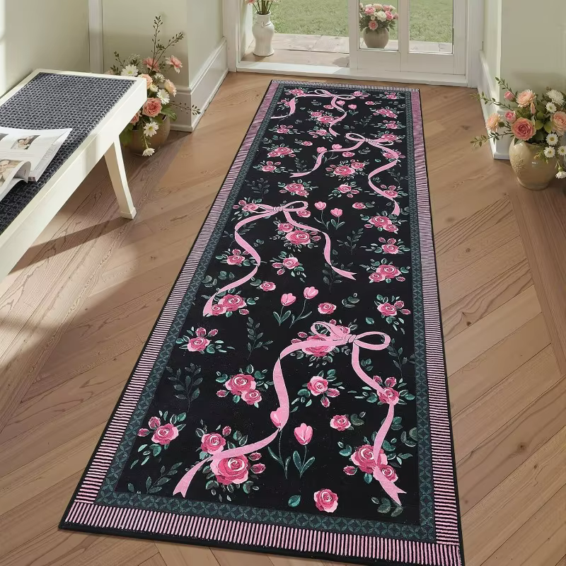 Tapis floral rose à nœuds multicolores