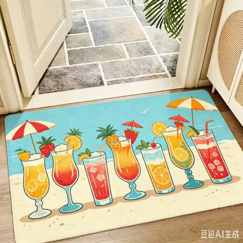 Tapis de bienvenue tropical d'été avec planche de surf et palmiers colorés
