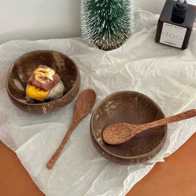 【Peace】Bol en noix de coco naturel, fait à la main, en bois, pour manger, vaisselle, fourchette, cuillère pour dessert, salade de fruits, mélange de riz