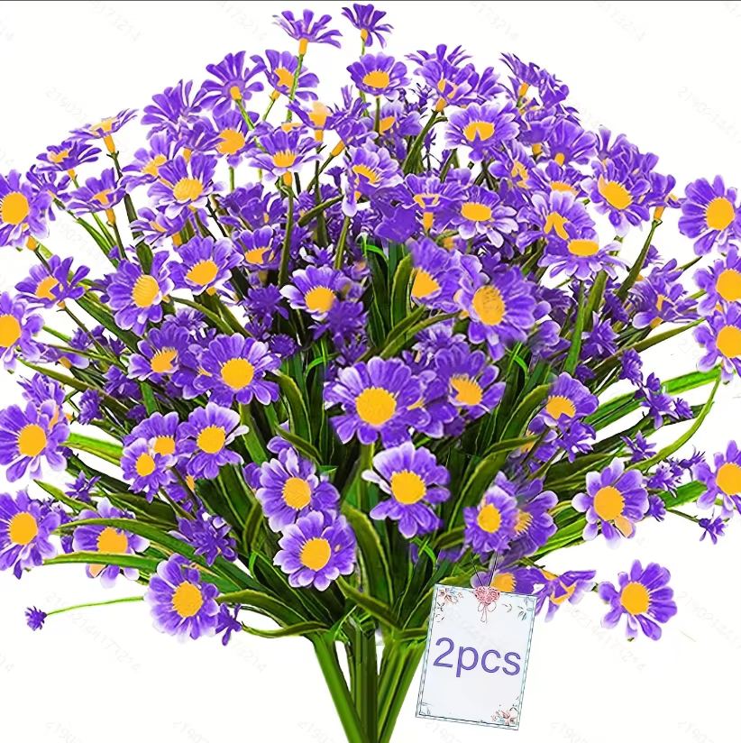 Fleurs artificielles de marguerites résistantes aux UV pour extérieur, 2 bouquets de fausses feuilles vertes, plantes artificielles, arbustes en plastique pour jardinières