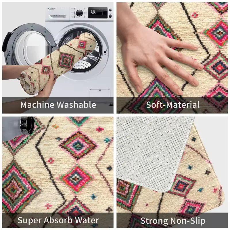 Moroccan Berber Rug Boho Style Front Door Mat Anti-Slip Antique Bohemian Geometric Doormat Floor Bathroom Entrance Rug Carpet