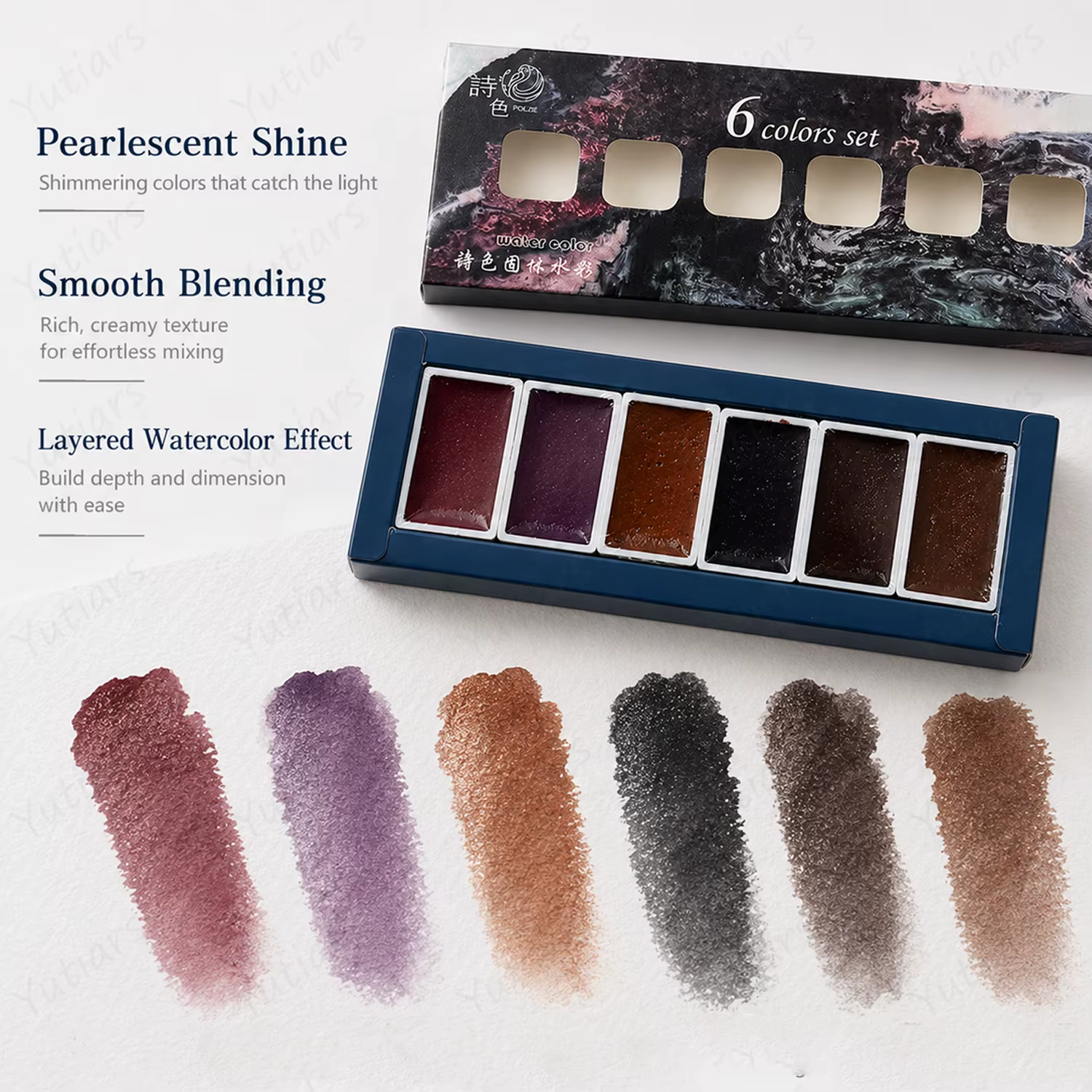 Ensemble de peinture à l'aquarelle perlée 6 couleurs, palette de pigments scintillants superposés pour le journal artistique, la calligraphie, les fournitures de peinture DIY