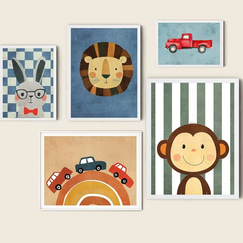 Affiches d'animaux drôles imprimées, toile d'art murale neutre, images de pépinière pour bébé, décor de chambre d'enfants, tigre, Lion, grenouille, ours, chat, ballon