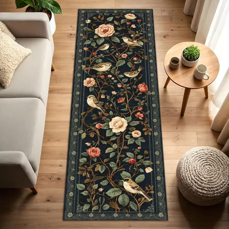 Tapis de couloir vintage à motif floral botanique et oiseaux