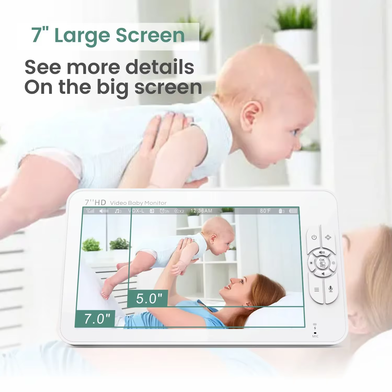 Moniteur vidéo pour bébé de 7,0 pouces, avec caméra PTZ à zoom 4X, écran partagé HD, audio bidirectionnel, vision nocturne IR, batterie 4000mAh, SM70 Baby Nanny