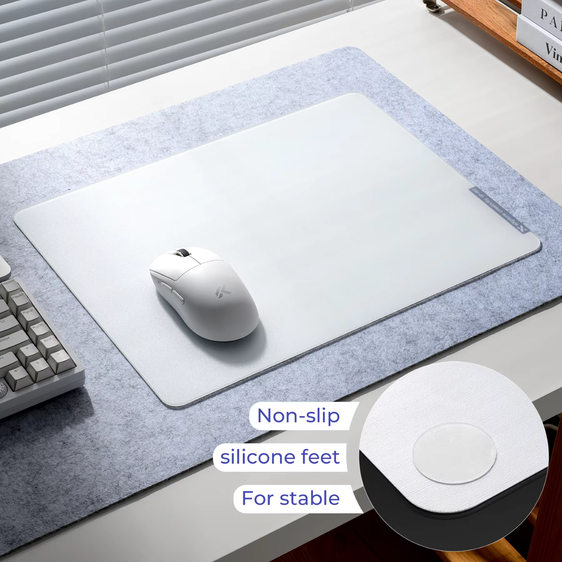 Tapis de souris en verre blanc XVX, surface micro-gravée lisse, pieds en silicone antidérapants pour une stabilité accrue, bords arrondis