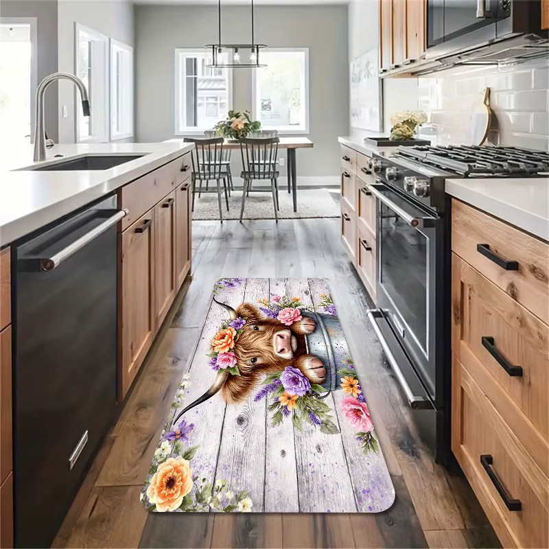 Tapis long de cuisine à motif vache floral