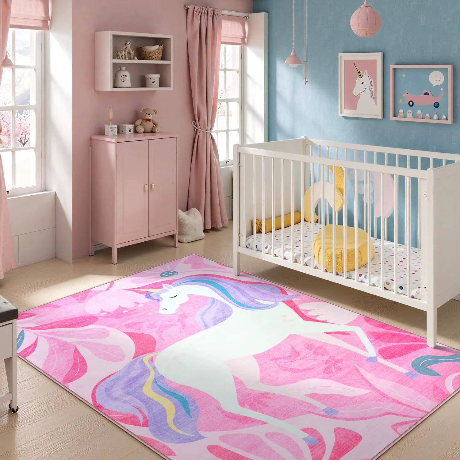 Tapis imprimé licorne à fleurs roses