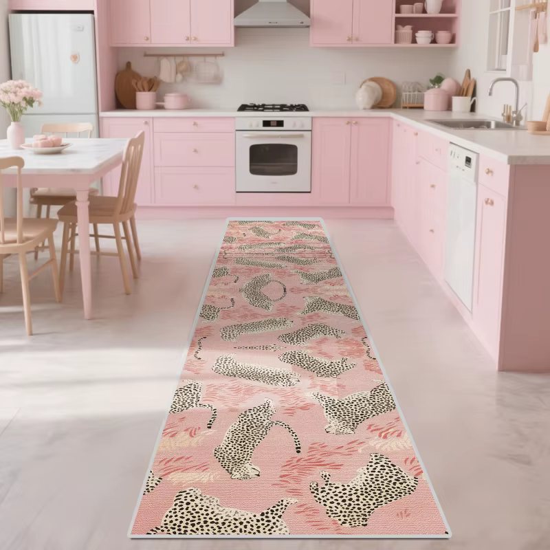 VIKAMA Tapis long rose à imprimé léopard pour hall d'entrée de luxe français