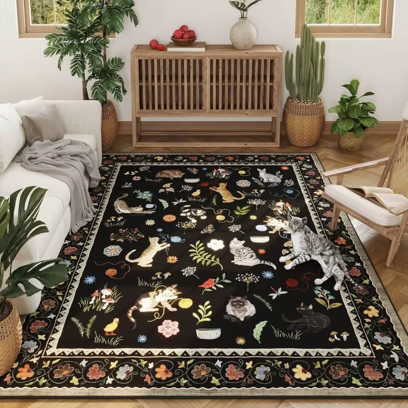 Tapis de sol en feutre beige vintage à motif de chat de dessin animé et bordure de fleurs sauvages
