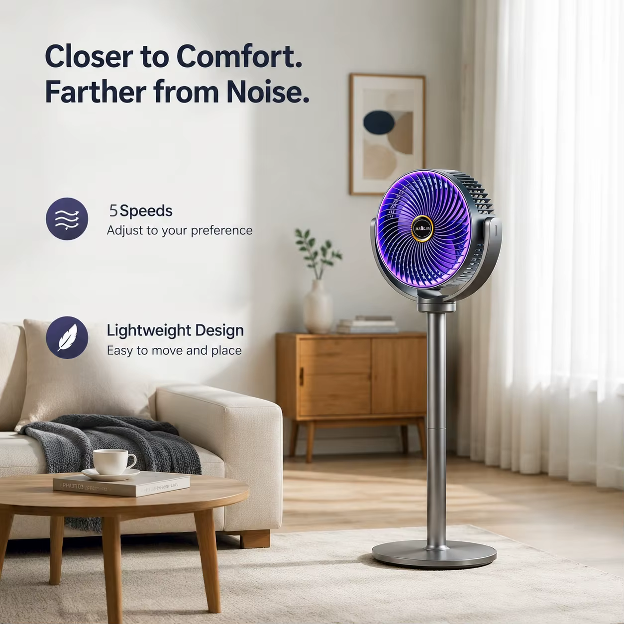 Ventilateur de circulation d'air moderne 3-en-1, 5 vitesses, 4 hauteurs, silencieux, portable, sur pied, USB-C pour la maison, la chambre, le bureau, le camping-car, le camping
