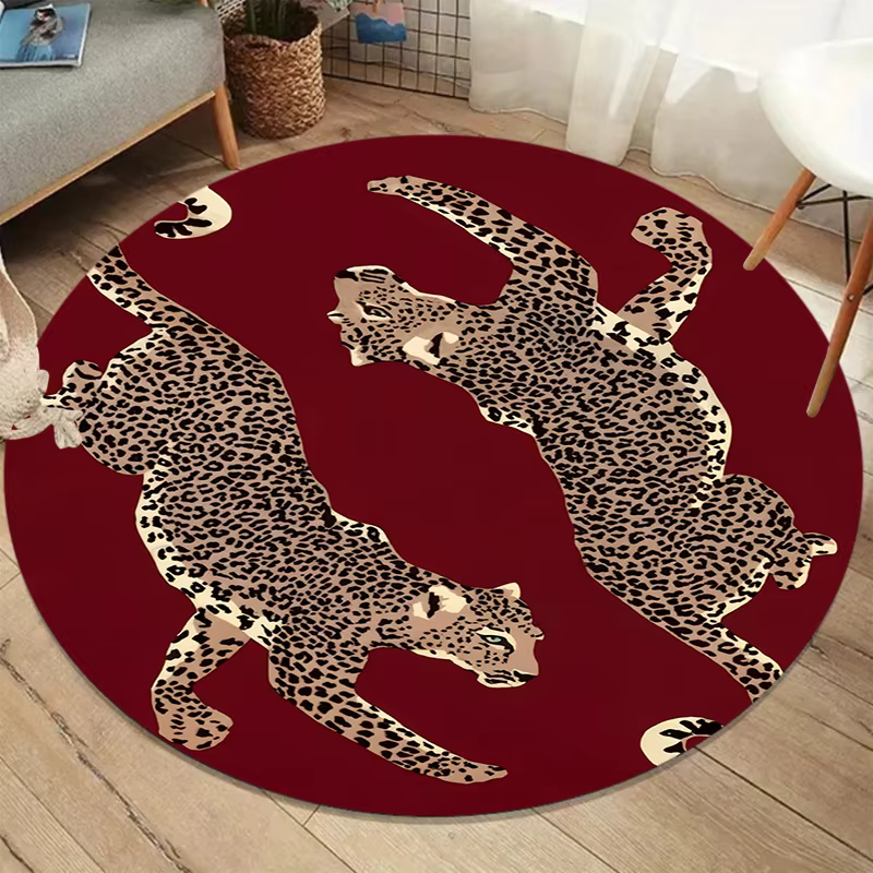Tapis rond à imprimé léopard marron