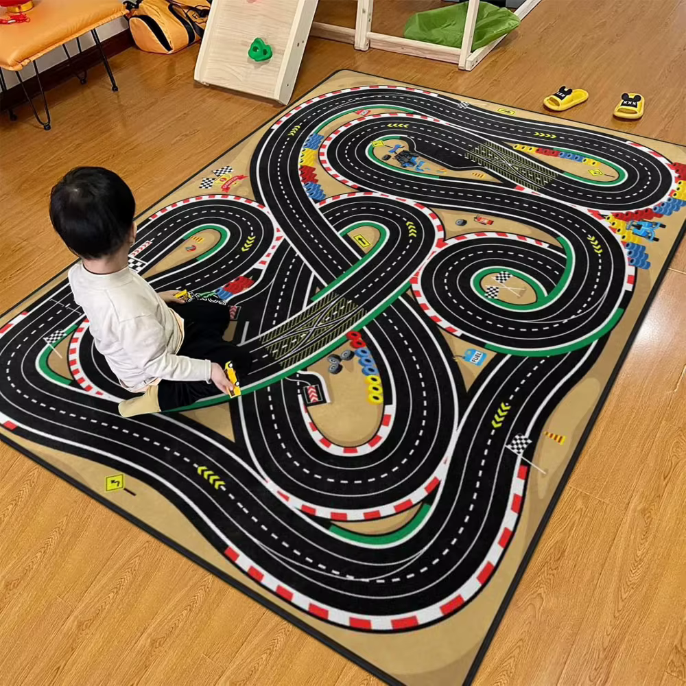 Tapis de jeu multicolore à motifs de circuits de course pour chambre d'enfant
