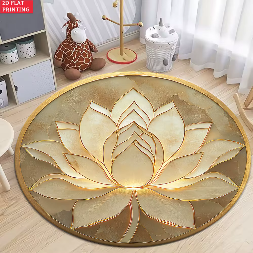 Tapis rond en or blanc à motif floral