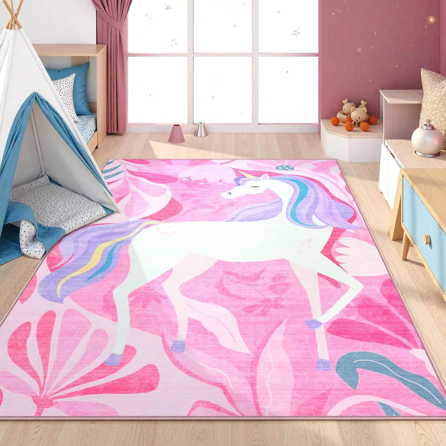 Tapis imprimé licorne à fleurs roses