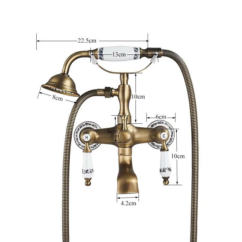 Robinet de baignoire-douche européen rétro avec douchette à main en céramique, poignée Daul, mélangeur d'eau froide et chaude, robinet de baignoire de salle de bains