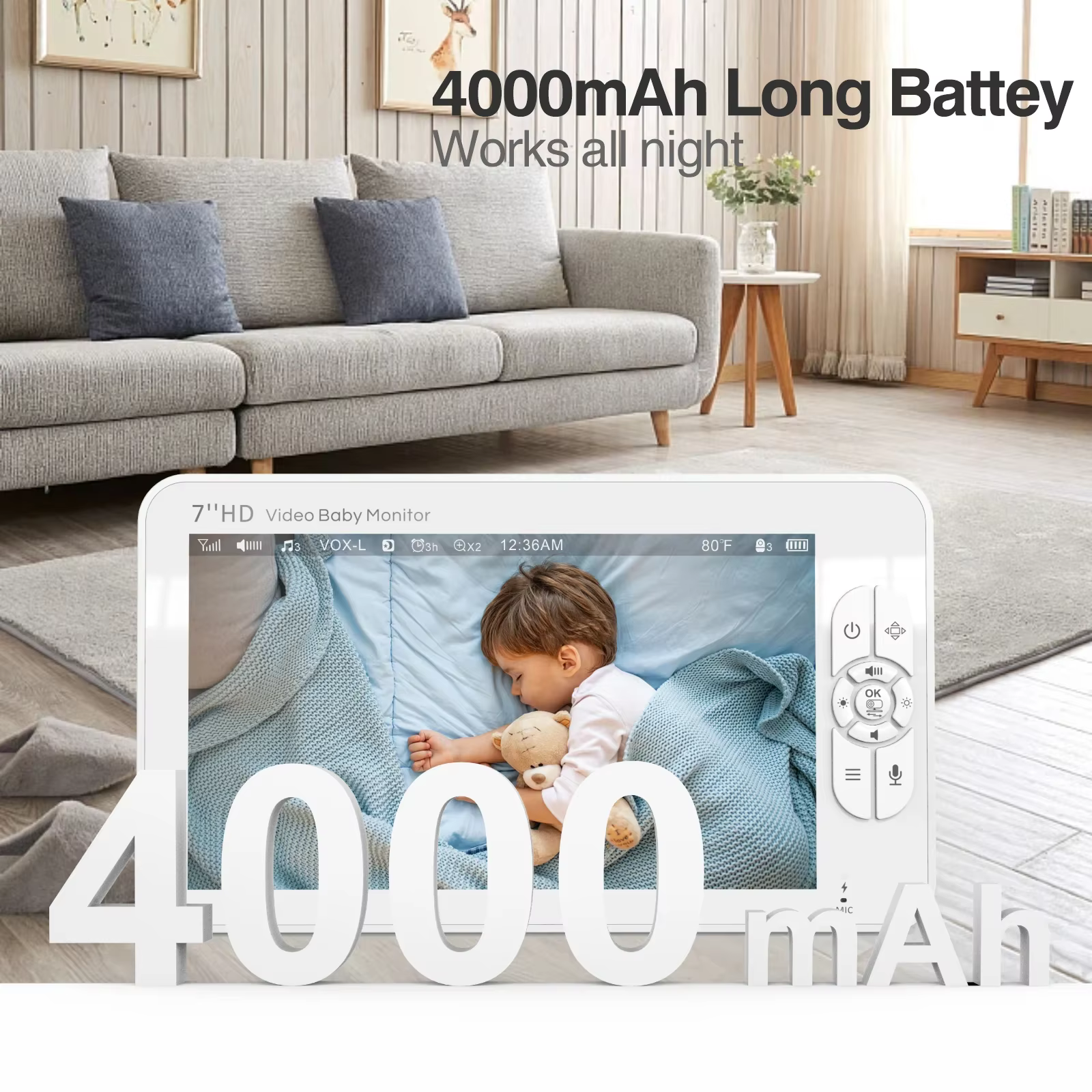 Babystar 7 "HD moniteur vidéo à écran divisé sans WiFi, moniteur de caméra pour bébé, anti-piratage, Zoom/pan/inclinaison à distance, batterie 4000 mAh