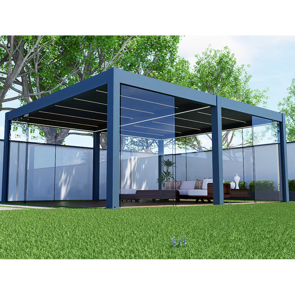 Pergola imperméable bioclimatique extérieure en métal et aluminium, porte coulissante moderne en verre pour maison personnalisée, Gazebo de jardin
