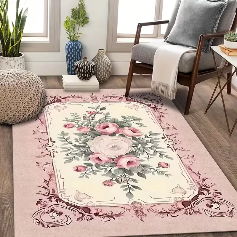 Tapis de salon vintage à motif floral rose français