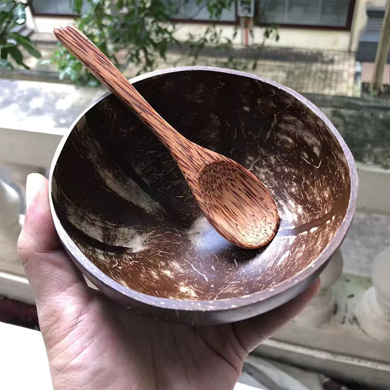 Bol en noix de coco naturel, bols en noix de coco faits à la main en bois pour la table, fourchette et cuillère pour dessert, salade de fruits, mélange de riz