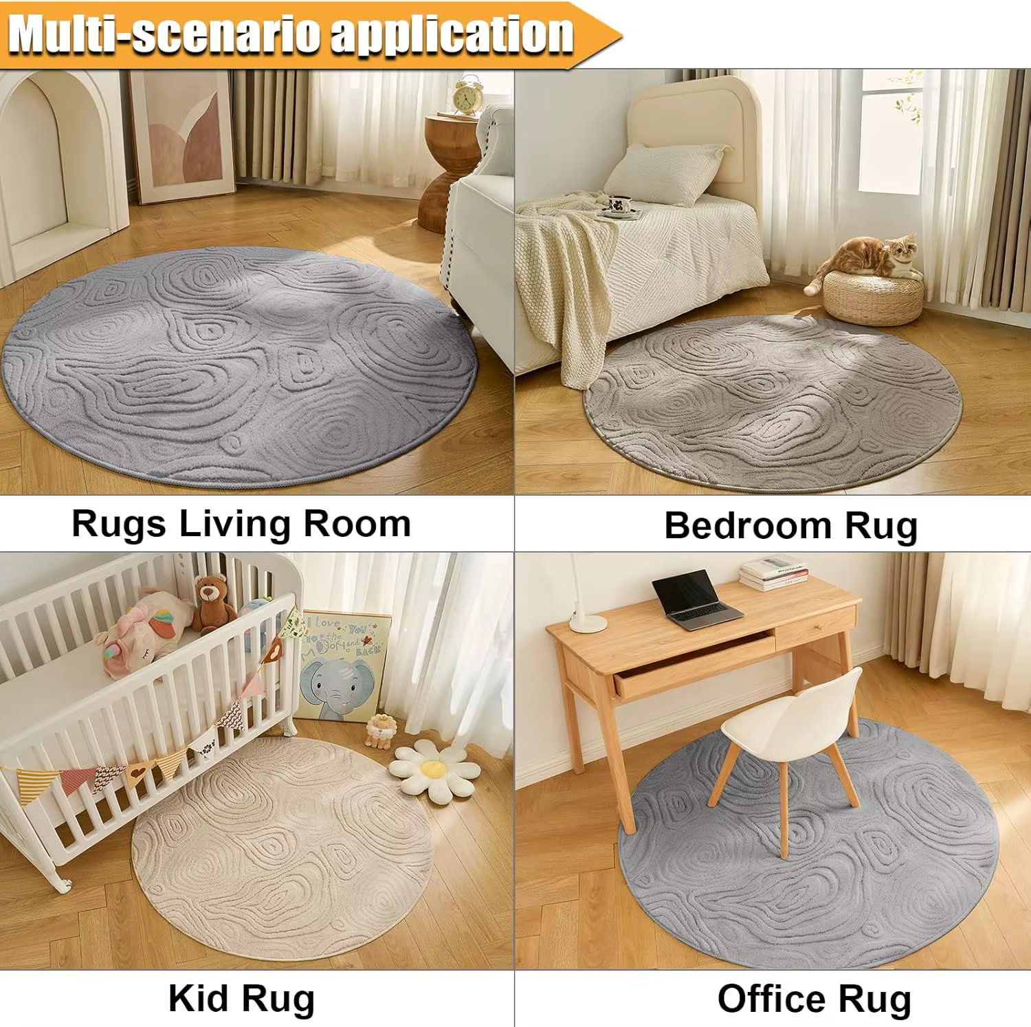 Tapis rond géométrique 3D – Polyester doux à poils longs et courts, lavable et antidérapant, tapis circulaire moderne pour salon, chambre, chambre d'enfant 60-120 cm