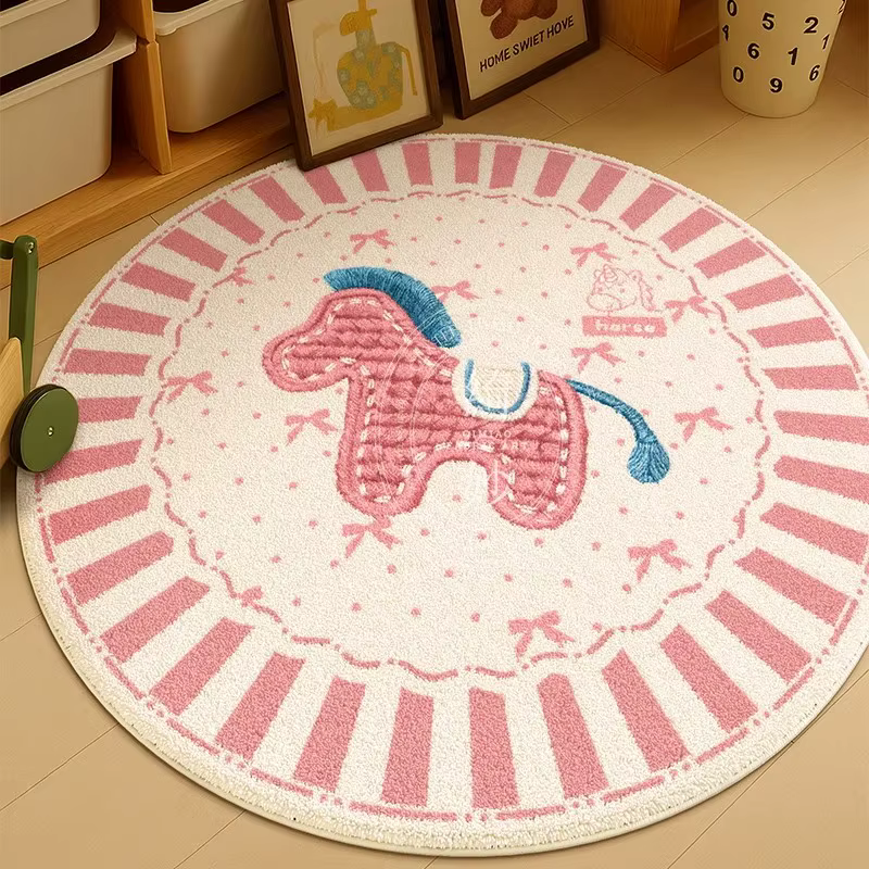 Tapis rond antidérapant VIKAMA Kawaii rose avec bordure à carreaux bleus pour la décoration de la chambre d'enfant