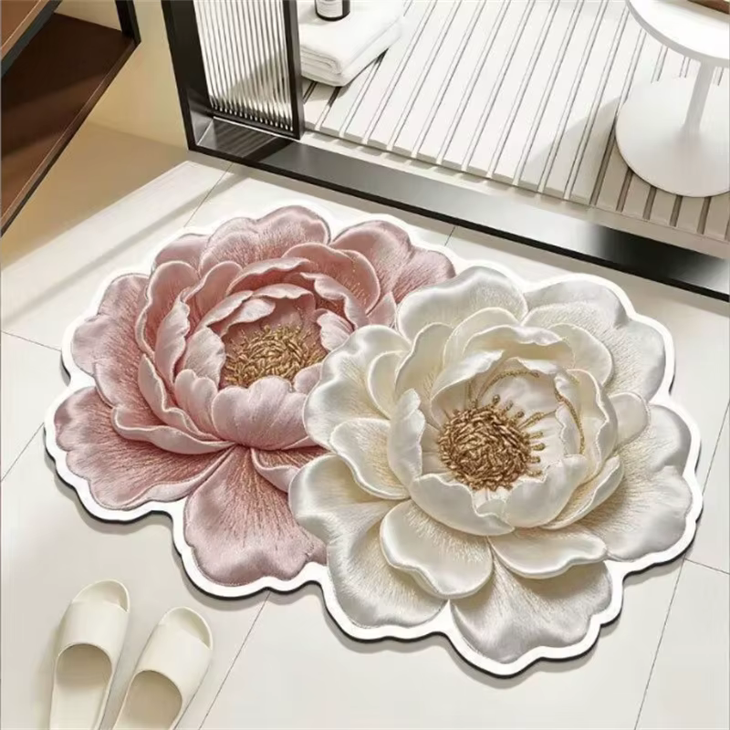 Tapis de sol de salle de bain en terre de diatomée 3D à motifs floraux, absorbant, antidérapant, lavable, tapis d'entrée domestique, tapis de cuisine écologique