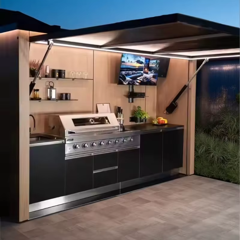Cuisine extérieure personnalisée en acier inoxydable 304 avec plan de travail en marbre, certifiée CE, durable, fabriquée en usine pour jardin, fête, patio, cour.