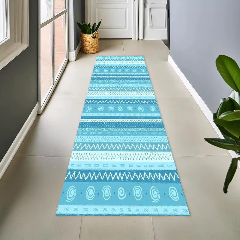 Tapis de couloir long rayé cyan clair