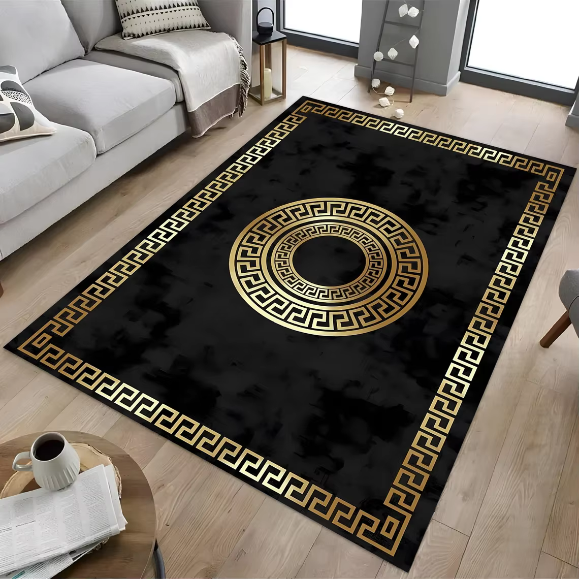 Tapis à Motif grec noir et doré, tapis de sol antidérapant à motif de marbre, adapté au salon, une chambre à coucher ou une décoration de la maison