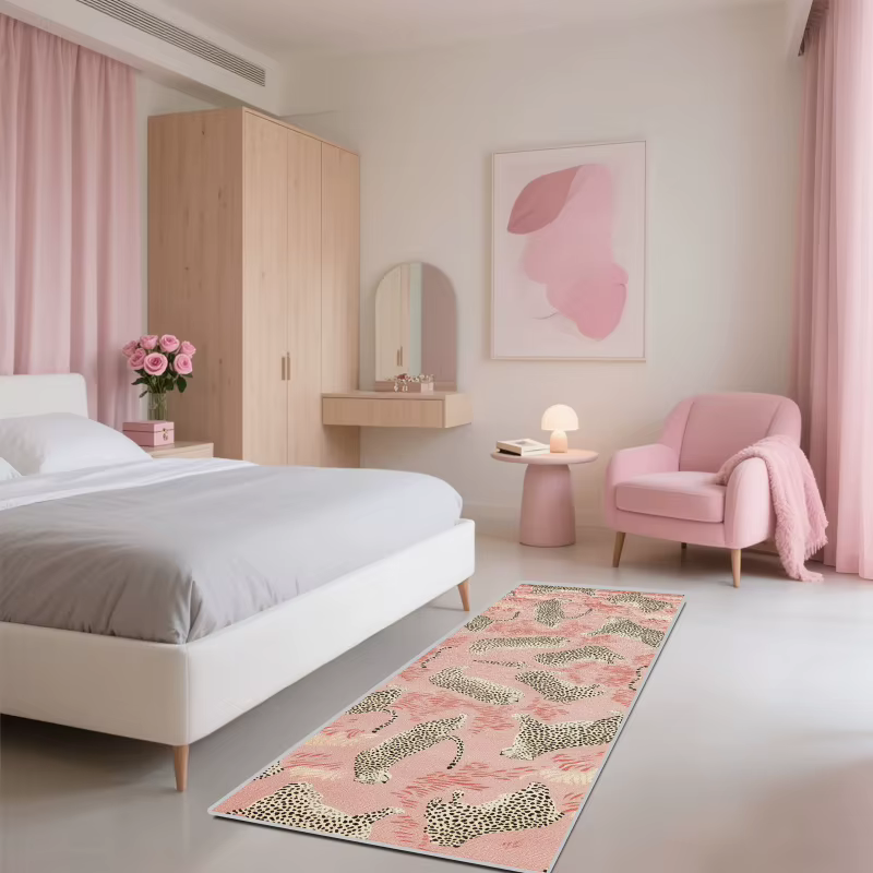 VIKAMA Tapis long rose à imprimé léopard pour hall d'entrée de luxe français