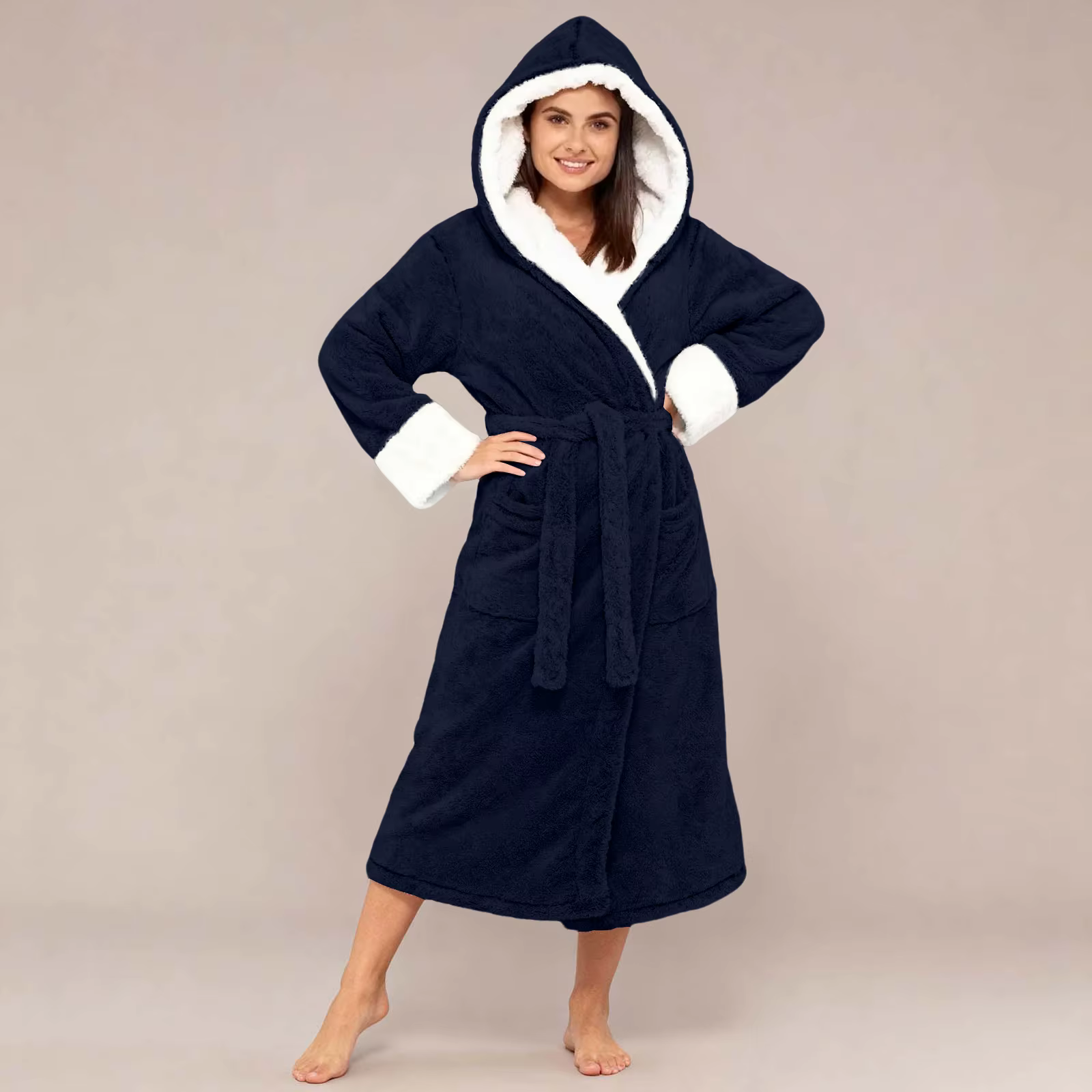 Peignoir à capuche pour femmes, taille réglable, chemise de nuit mi-longue, vêtements de maison pour dames, polaire épaisse, chaud à lacets, hiver