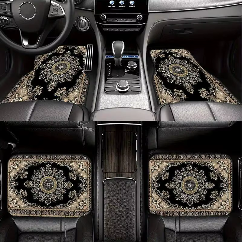 Tapis de sol de voiture style persan noir beige, 4 pièces, motif rétro, tapis antidérapants pour auto