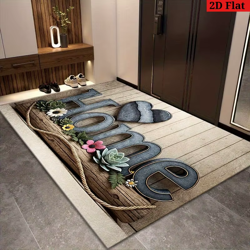 Paillasson rustique « Home » – Style bois avec cœur et fleurs pour entrée intérieure/extérieure et décoration de jardin