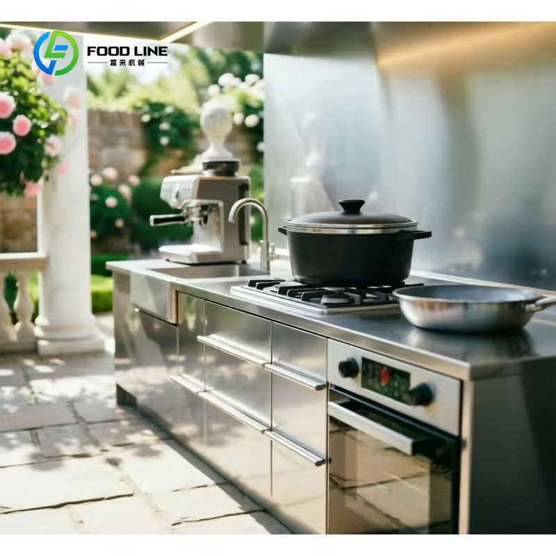 Cuisine extérieure modulaire moderne personnalisée en acier inoxydable avec comptoir en marbre, acrylique ignifuge, écologique et résistant aux intempéries