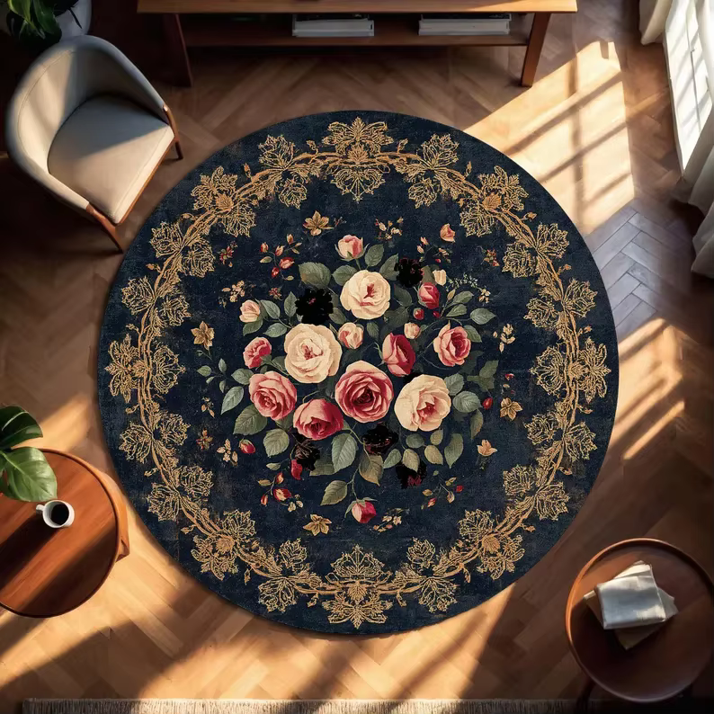 Tapis rond motif rose rouge
