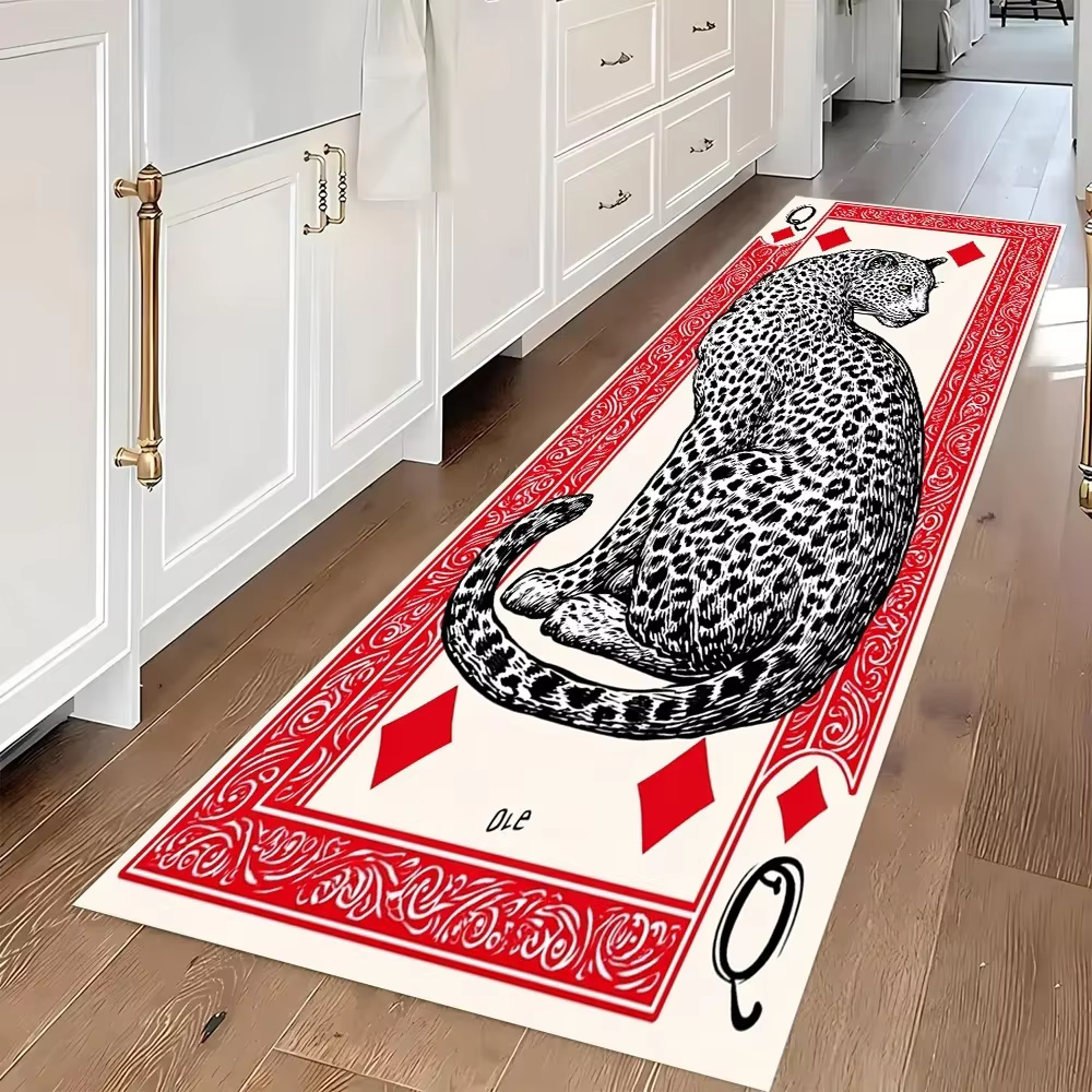 Preppy Pink Leopard Long Runner Rug Non Slip Washable Kitchen Mat Green White Checkerboard Cheetah Hallway Carpet
