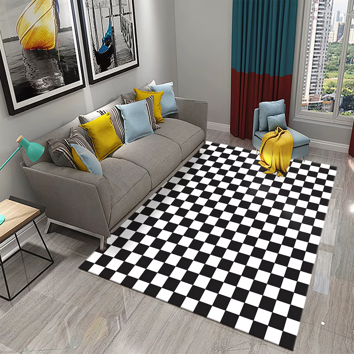 Tapis à carreaux en damier noir et blanc