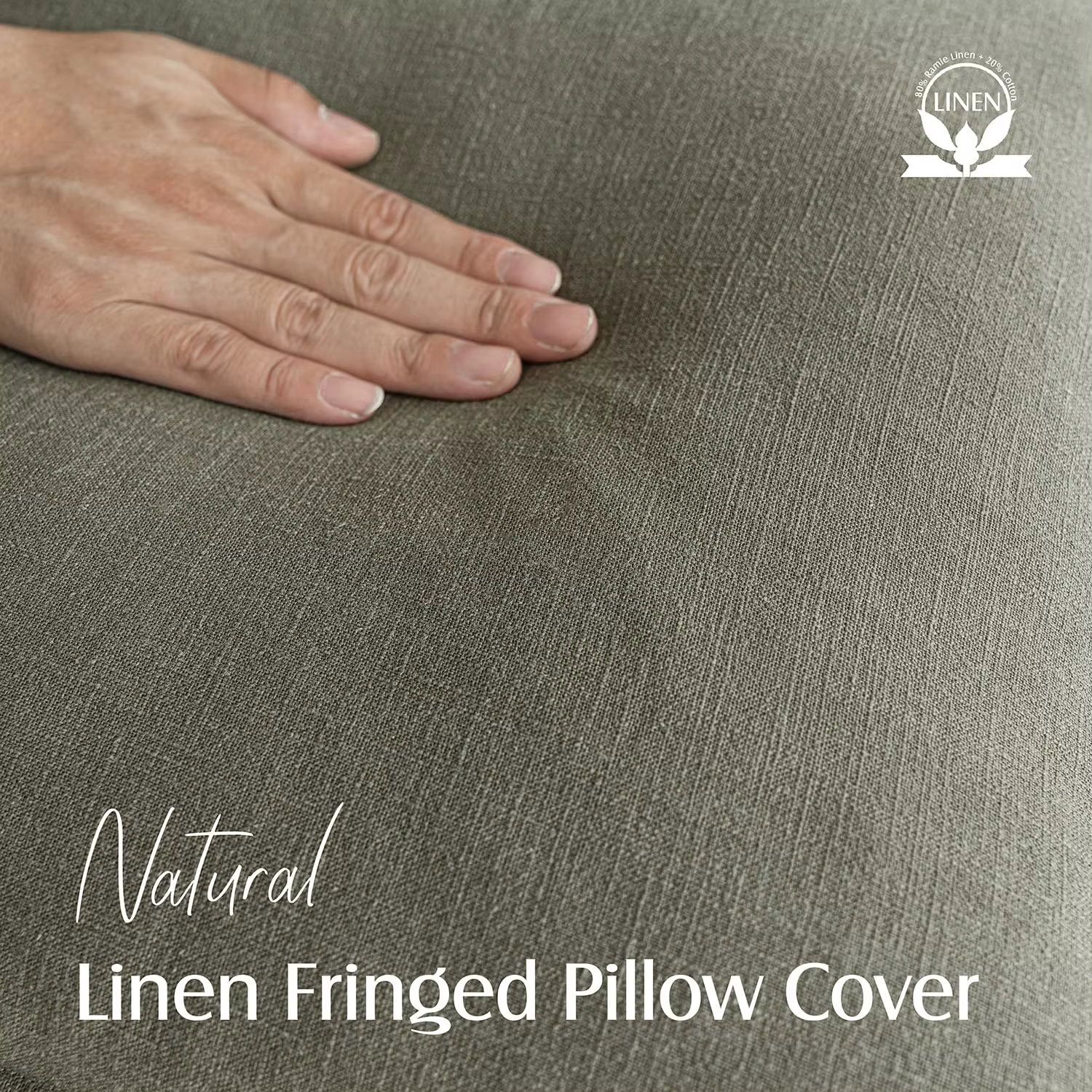 Housse de coussin lombaire décorative en lin vert olive avec franges et pompons
