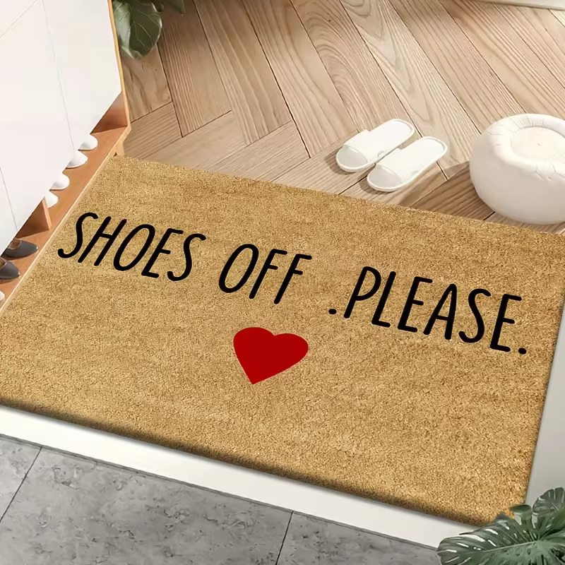Un tapis de porte avec la phrase SHOES OFF. S'il vous plaît