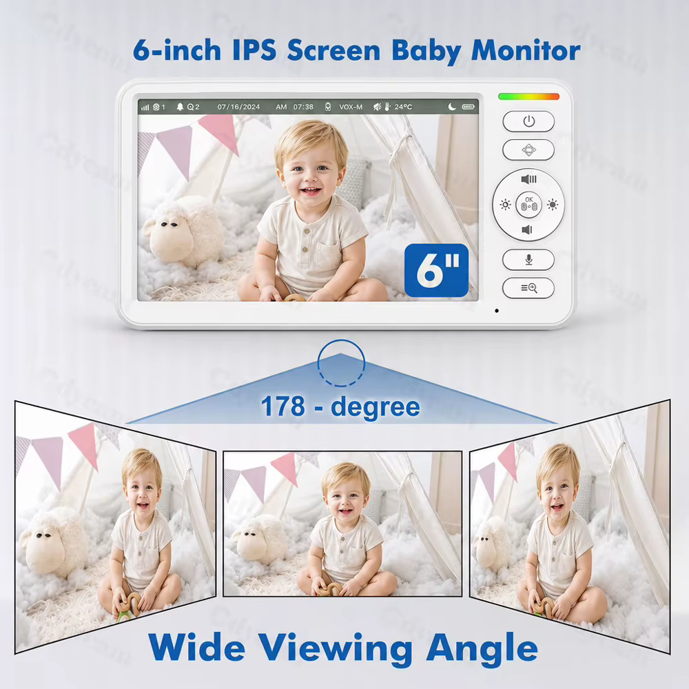 Moniteur bébé sans Wi-Fi avec écran 6 pouces, vidéo améliorée avec caméra et audio, vision nocturne, fonction VOX, communication bidirectionnelle et berceuses